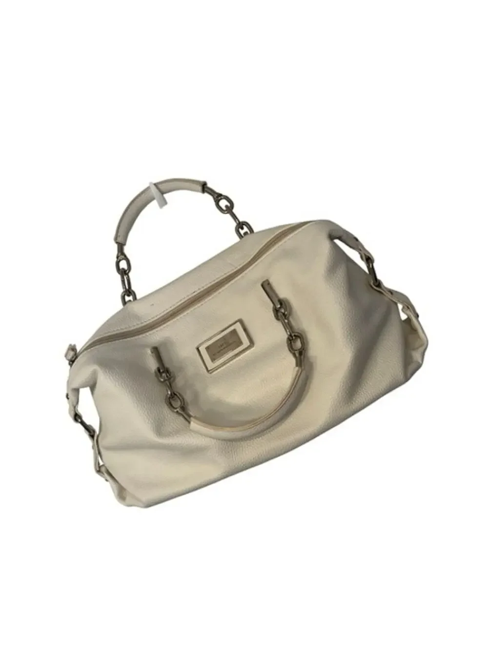 Lulu Guiness Purse Satchell White Top Handle Zip Close Pockets Silver Accents